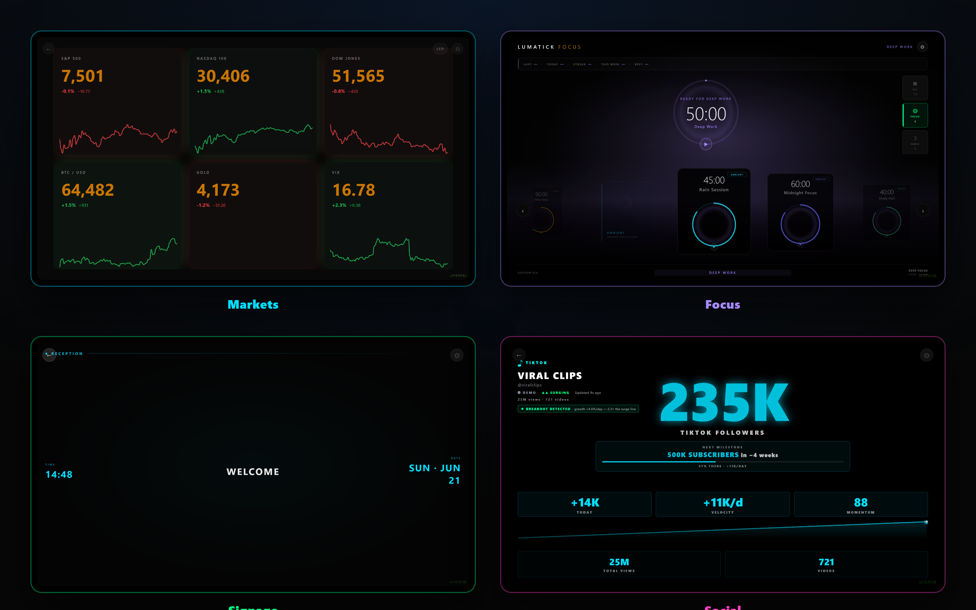 LumaTick Apps ambient display showing markets and a focus timer