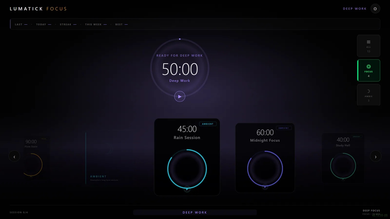 LumaTick Focus in ambient mode, showing a deep-work timer ring and streak counter on a second screen.