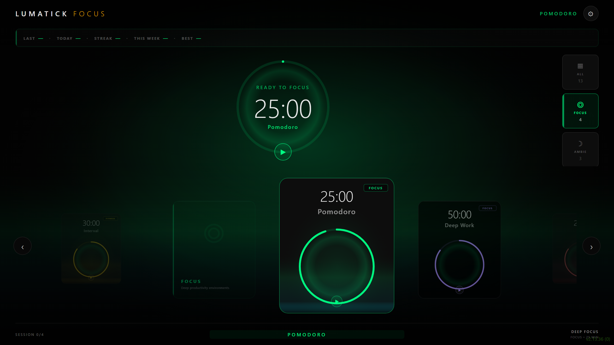 LumaTick Focus environment library and session stats