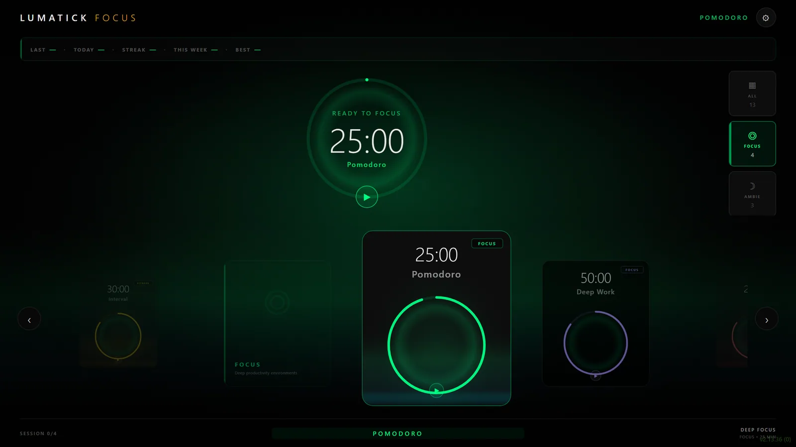 Pick your mode — Deep work, interval, or a plain countdown.