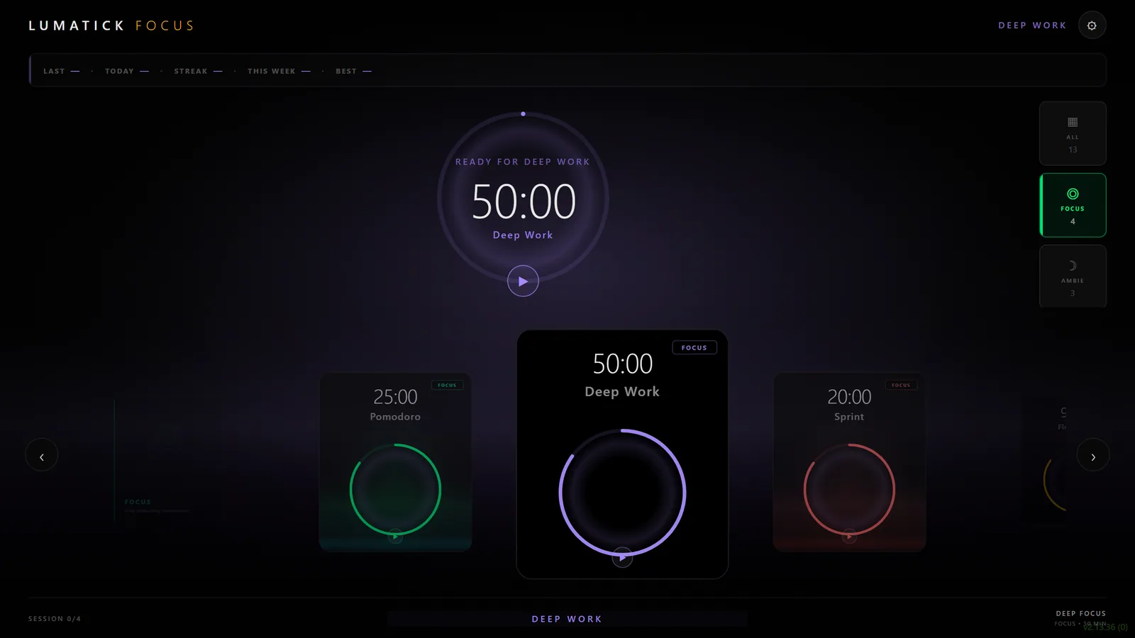 A full-screen deep work session showing a progress ring and elapsed time.