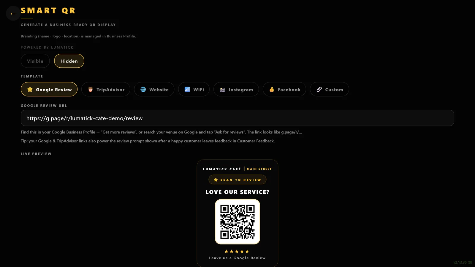 Smart QR review display showing a Google review QR code on a counter tablet.