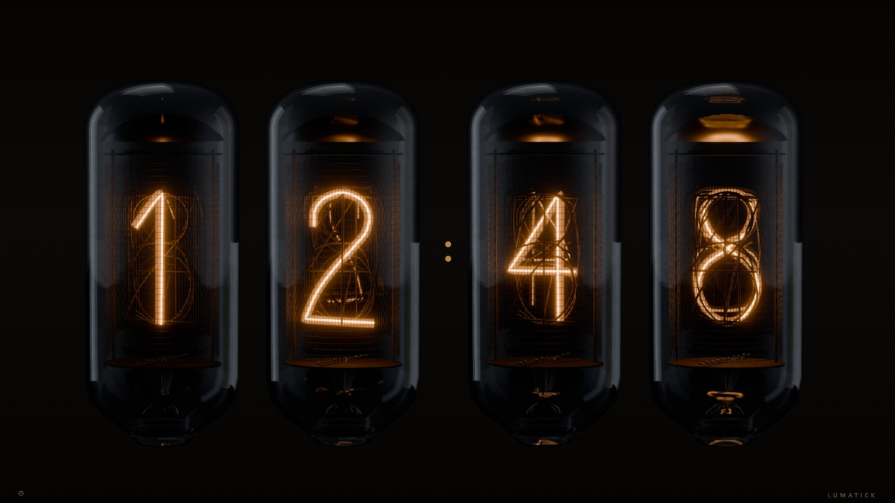 LumaTick Nixie Clock showing 12:48 across four glowing amber Nixie tubes on a dark housing.