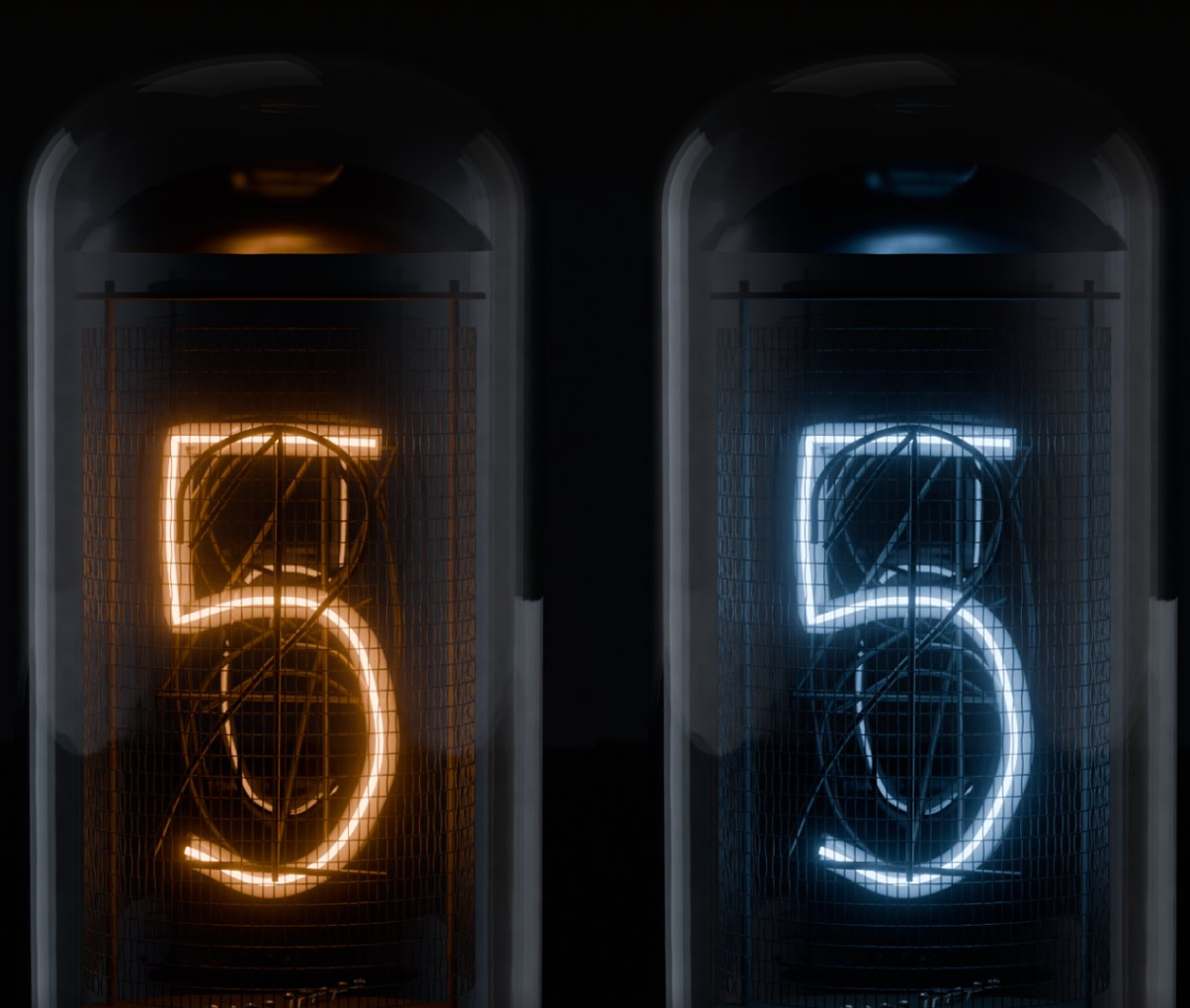 The same Nixie tube rendered twice, once in warm amber and once in ice blue.
