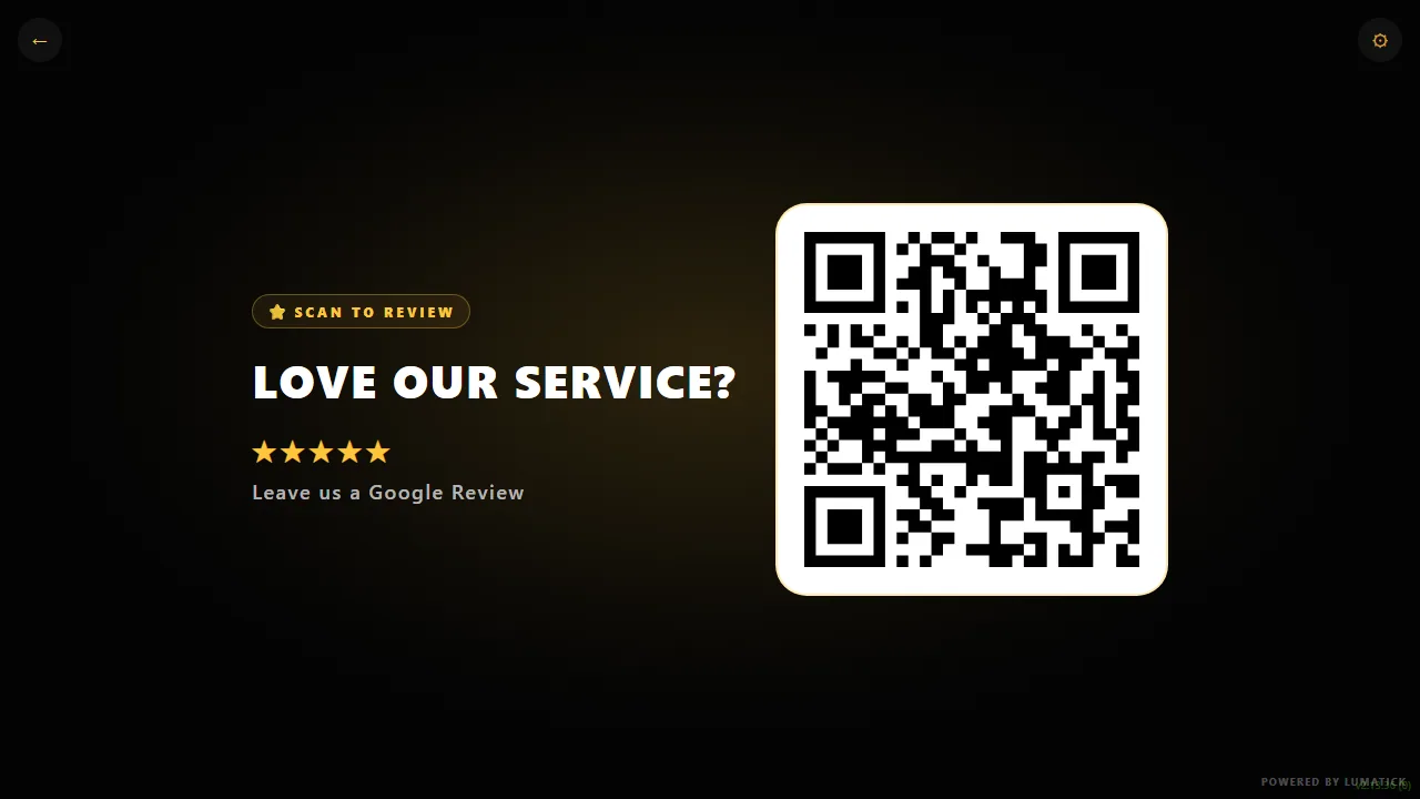 A counter display showing a large Google review QR code with a scan prompt.