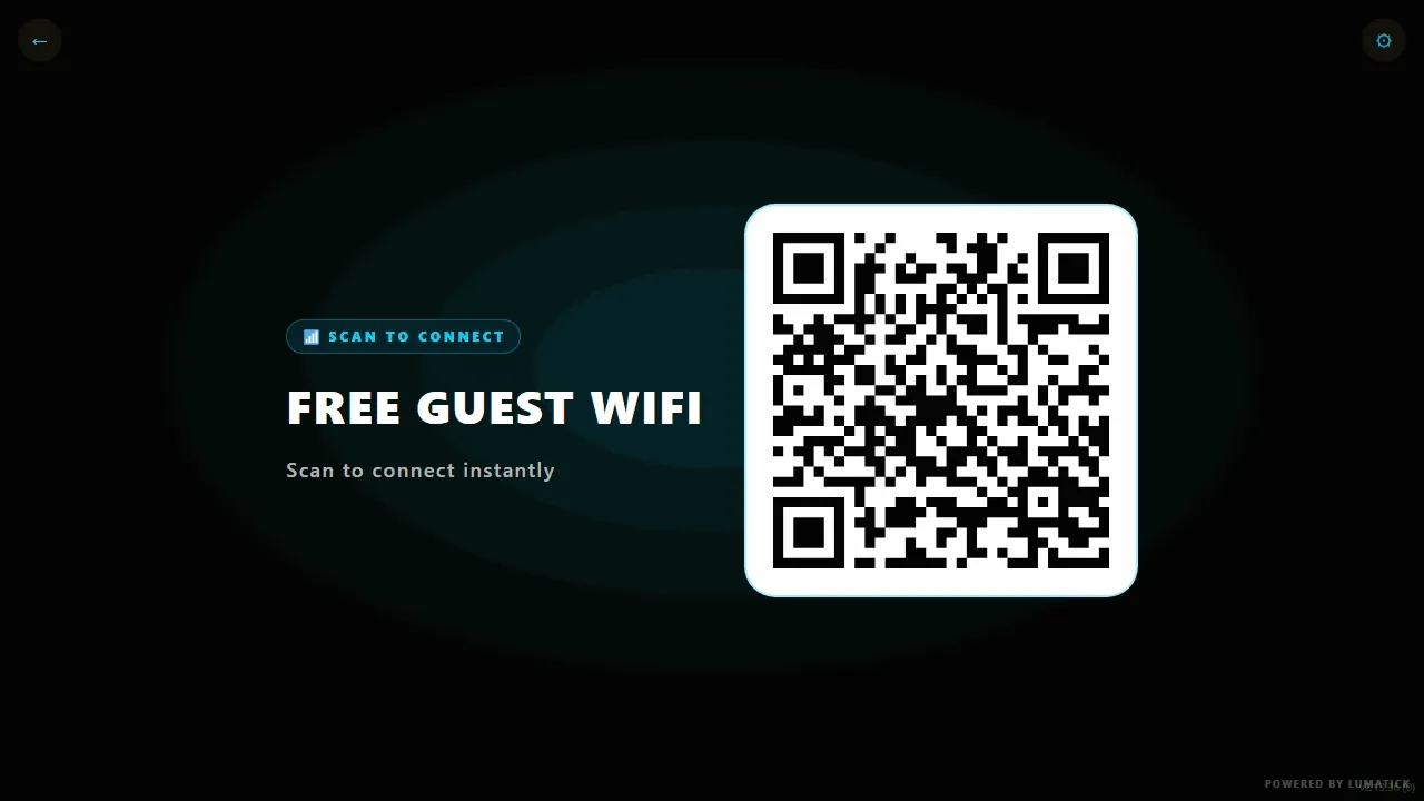 A counter display rotating between a review prompt, a WiFi code and an offer.