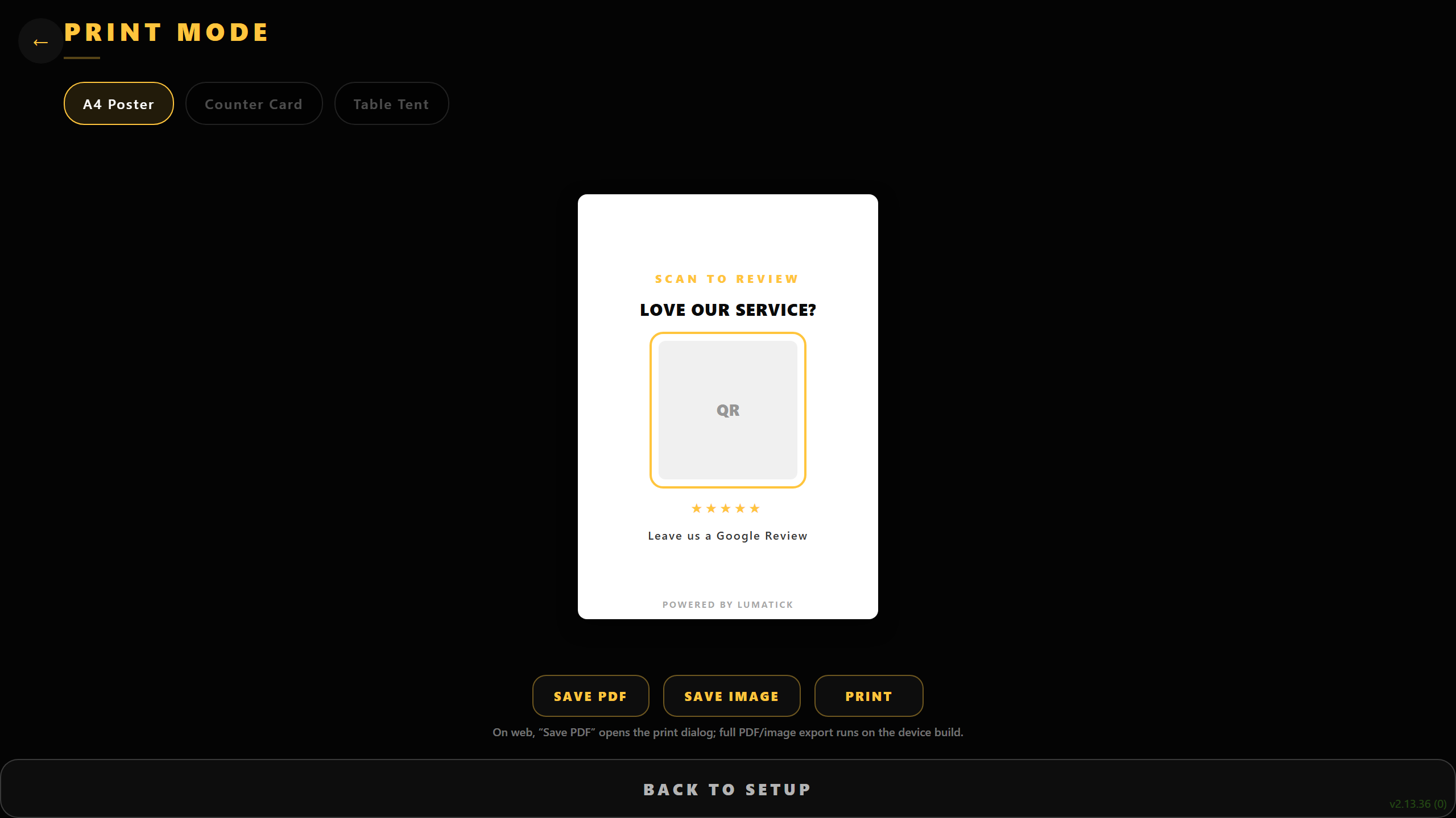 LumaTick Smart QR print mode: poster, counter card, table tent