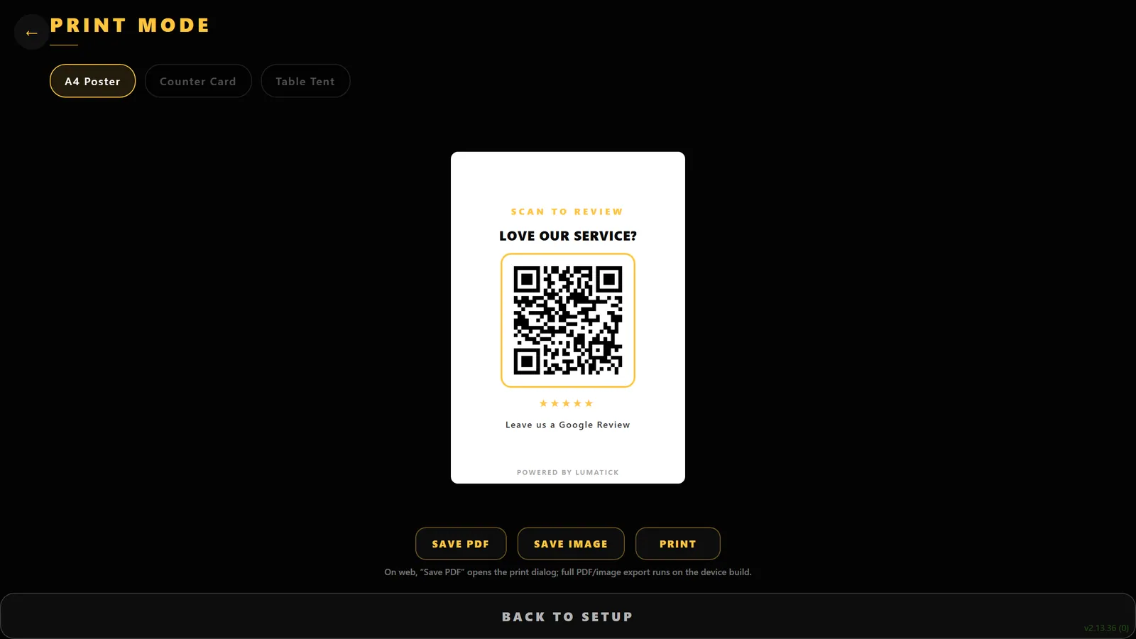 A printable table tent and counter card generated from the Smart QR design.