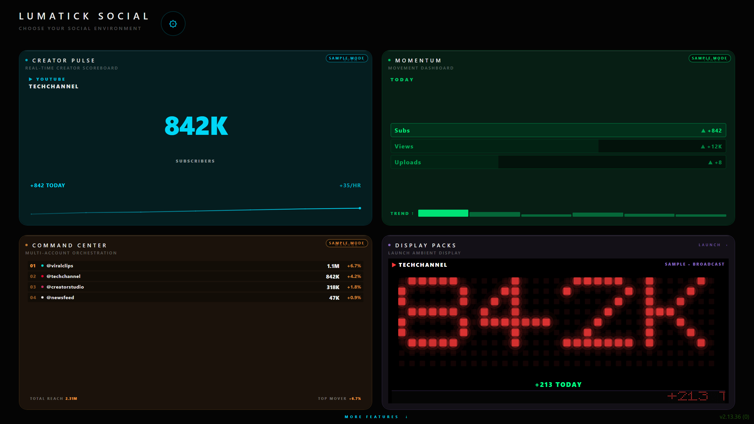 LumaTick Social creator scoreboard with subscribers, momentum and command center